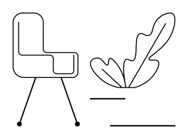 Paralel çizgileri olan kıvrımlı bir yaprağın yanında ince çizgileri olan modern bir sandalye. İç tasarım için ideal, basitlik, doğa temaları, yaratıcılık, modern yaşam, barış ortamlarını dengelemek. Soyut