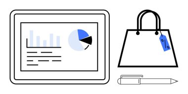 Tablet ekranda çizelge ve pasta grafiği, etiketli alışveriş torbası, kalem. E-ticaret, perakende satış, analitik, iş stratejisi, tüketici davranışı, veri pazarlaması için ideal. Modern daire