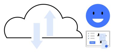 Çift yönlü okları olan bulut, gülümseyen mavi yüz, bilgisayar ekranında işlem. Bulut depolama, dijital finans, çevrimiçi ödemeler, teknoloji paylaşımı, kullanıcı deneyimi, veri transferi için ideal