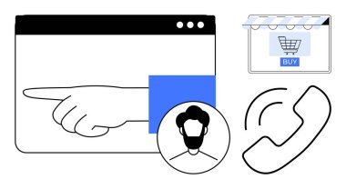 Tarayıcı penceresi, müşteri avatarı, telefon ikonu ve Buy düğmeli online mağaza. E-ticaret, müşteri hizmetleri, çevrimiçi alışveriş, kullanıcı etkileşimi, dijital iletişim için ideal