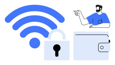 Adam asma kilit ve cüzdanı olan dev bir kablosuz sinyali işaret ediyor. Siber güvenlik, kablosuz güvenlik, finansal koruma, çevrimiçi mahremiyet, dijital işlemler, veri şifreleme, güvenlik için ideal