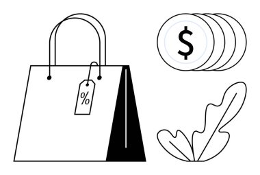 İndirim etiketli alışveriş çantası, bozuk para yığını ve yaprak. Perakende satış, indirim, tasarruf, alışveriş, ekonomik çevre dostu tüketim için idealdir. Soyut çizgi düz metafor