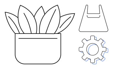 Solunda büyük yapraklar olan saksı bitkisi, sağında plastik alışveriş torbası, sağında mekanik teçhizat. Sürdürülebilirlik, çevre, alışveriş, teknoloji, büyüme ve sanayi için ideal