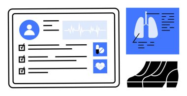 Hasta profili, EKG grafiği, ilaç ikonu, kalp sağlığı ikonu, akciğer röntgeni. Tıbbi analiz için ideal, sağlık hizmetlerinde yenilik, hasta yönetimi, dijital sağlık