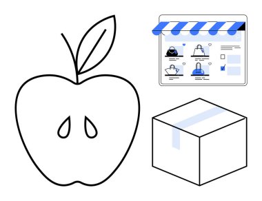 Yapraklı Apple taslağı, alışveriş arabası ve ürünlerin yer aldığı e-ticaret web sitesi düzeni, teslimat paketi. Çevrimiçi alışveriş, market teslimatı, e-ticaret, mobil uygulamalar, ürün ambalajlama için ideal