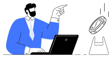 İşadamı parayı işaret ediyor, dizüstü bilgisayarla çalışıyor. İş büyümesi, mali yönetim, karar verme, başarı, fırsat, üretkenlik hedef belirleme için ideal. Soyut satır düzlüğü