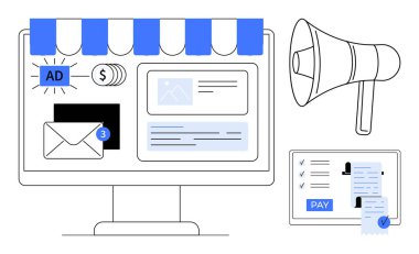 Bilgisayar ekranında dijital pazarlama araçları, tebligatlar ve reklamların yanı sıra bir megafon ve ödemeyi onaylayan bir tablet görülüyor. Pazarlama stratejileri ve çevrimiçi iş için ideal