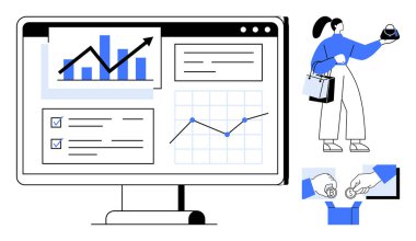 Bilgisayar monitörü çubuk grafiklerini, satır çizelgelerini, metin kutularını gösteriyor. Çantalı kadın, dijital ödeme. İş analizleri, alışveriş eğilimleri, e-ticaret, finansal işlemler piyasa araştırmaları için ideal