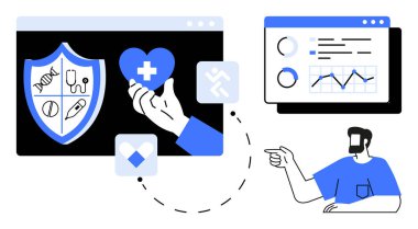 Tıbbi bir haçla kalbini tutarak. Dijital aletli sağlık kalkanı. Grafikler, çizelgeler ve onları gösteren biri. Tıbbi teknoloji, sağlık verileri, hasta bakımı ve yenilik için ideal