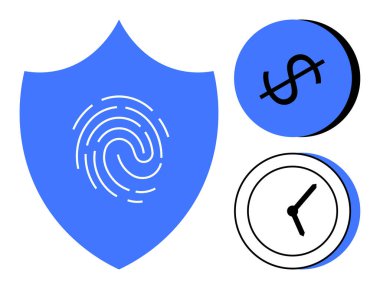 Üzerinde parmak izi olan mavi kalkan, mavi dairenin üzerinde siyah dolar işareti ve beyaz dairenin üstünde siyah saat. Güvenlik, finans, zaman yönetimi, teknoloji, veri koruması, işletme gibi konular için ideal