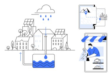 Güneş panelleri olan binalar, su yönetim sistemi, tablette GPS navigasyonu, cep telefonunda online alışveriş. Sürdürülebilir yaşam için ideal, akıllı şehir, teknoloji, yenilenebilir enerji, verimli su kullanımı