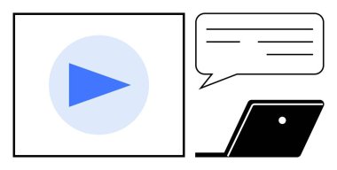 Kare içinde oynat düğmesi, replikli konuşma balonu ve dizüstü bilgisayar. Dijital iletişim, multimedya, video içeriği, çevrimiçi öğrenme, uzaktan kumanda ve sosyal medya kullanımı için ideal. Soyut