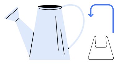 Metal sulama kutusu, aşağı doğru mavi ok ve siyah çizgili çanta. Bahçe işleri, su tasarrufu, çevre dostu, geri dönüşüm, çevre eğitimi, sürdürülebilirlik atığı azaltma için ideal