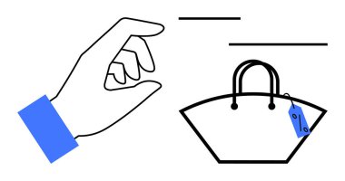 Tasarımcı çantasındaki fiyat etiketine işaret eden el hareketi, tüketici seçimini, satın alma kararını, bütçeyi, tarzı, dijital alışverişi temsil ediyor. E-ticaret, perakende, lüks mal harcamaları için ideal