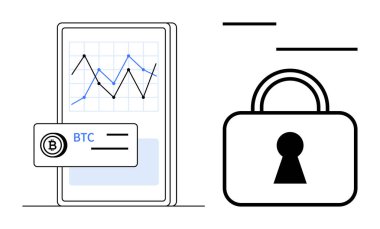 Mobil ekran, bir asma kilidin yanında yukarı doğru eğilimli BTC grafiğini gösteriyor. Mali güvenlik, kripto para ticareti, mobil uygulamalar, veri koruması, fintech, engelleme zinciri teknolojisi için ideal