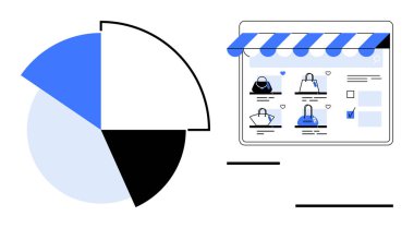 Çevrimiçi alışveriş platformunda çantalar, turta grafiği mavi, siyah ve gri bölümler halinde. Çevrimiçi perakende satış, veri analizi, tüketici alışkanlıkları, pazarlama stratejileri ve mali raporlar için ideal iş dünyası