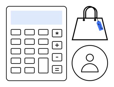Düğmeli hesap makinesi, fiyat etiketli alışveriş çantası, kullanıcı profili simgesi. E-ticaret, bütçe, alışveriş uygulamaları, mali planlama, perakende analizi, tüketici davranışı çevrimiçi pazarlar için ideal