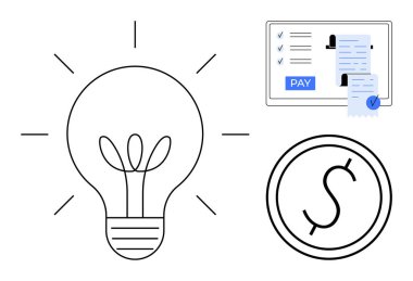 Ampul yeniliği temsil eder. Ödeme işlemleri ile bilgisayar ekranı finansal yönetimi gösterir. Dolar madeni para serveti simgeler. Finans, girişimler, verimlilik, strateji ve ekonomi için ideal