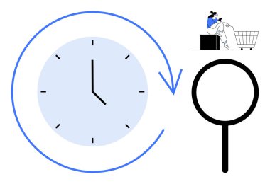 Oklu bir saat, büyüteç ve alışveriş arabası olan bir müşteri. Zaman yönetimi, verimlilik, alışveriş stratejileri, planlama, verimlilik araştırma tüketici alışkanlıkları için idealdir. Soyut satır düzlüğü