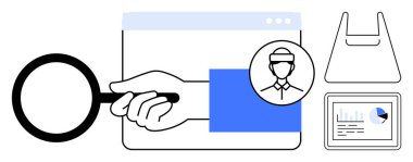 Web sayfasında el ele tutuşan büyüteç, kullanıcı profili simgesi, alışveriş çantası taslağı ve veri tableti. Piyasa araştırması, iş analizi, çevrimiçi alışveriş, kullanıcı deneyimi için ideal