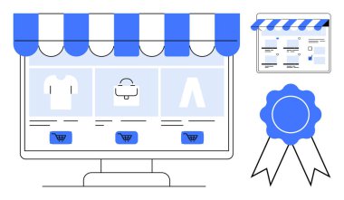 Bilgisayar monitörü tişört, el çantası, pantolon ve alışveriş arabası simgeleriyle çevrimiçi bir mağazayı gösteriyor. Mağaza önü güneşliği, web sayfası düzeni ve ödül kurdelesi. E-ticaret için ideal, çevrimiçi alışveriş kullanıcısı