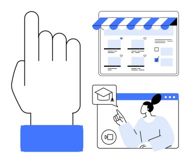 Büyük eller yukarı, mağaza önü arayüzü ve mezuniyet şapkası ikonuyla görüntülü arama yapan kadın. E-öğrenim, e-ticaret, teknoloji, çevrimiçi eğitim, sanal toplantılar, dijital pazarlama için ideal