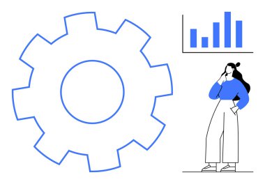 Üzerinde bar çizelgesi olan büyük mavi bir dişli ve mavi beyaz elbiseli düşünceli bir kadın. Sorun çözme, veri analizi, strateji planlaması, yenilik, iş akışı, iş büyümesi fikirleri için ideal