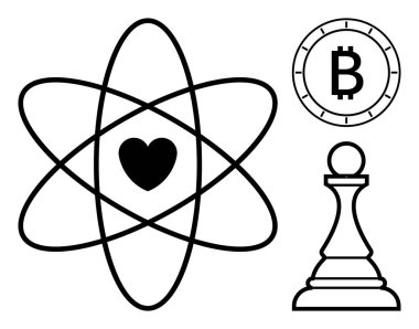 Ortasında kalbi olan bir atom, Bitcoin sembolü ve siyah beyaz satranç piyonu. Bilim, engelleme zinciri, kripto para birimi, finans, teknoloji, strateji ve aşk kavramları için ideal. Satır metaforu