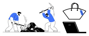 İşçiler, el çantası ve dizüstü bilgisayarla birlikte çekiç ve kazmayla taş kırıyorlar. Çalışma, endüstri, iş hayatı dengesi, zıt yaşam tarzları, teknoloji, el işi, modern meslekler için ideal