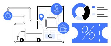 Haritadaki kamyon rotası, kronometre, pasta grafiği, büyüme grafikleri ve indirim yüzdesi sembolü. Lojistik, tedarik zinciri, verimlilik, veri analizi rota planlaması için ideal