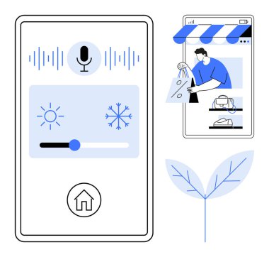 Sesli komut mikrofonlu akıllı ev kontrol ekranı, sıcaklık ayarları, online alışveriş arayüzü ve ev simgesi. Teknoloji için ideal, kolaylık, akıllı yaşam, online alışveriş, ev