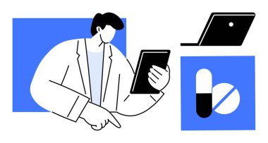 Beyaz önlüklü biri tablet, dizüstü bilgisayar ve ilaç ikonlarıyla etkileşime geçiyor. Teletıp, e-Sağlık, dijital sağlık hizmetleri, tıbbi danışmanlık, ilaç hizmetleri, uzaktan hasta alımı için ideal