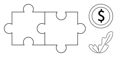 Bir dolar ve yaprağın yanında birbirine kenetlenmiş iki yapboz parçası. Takım çalışması, finansal strateji, sürdürülebilirlik, iş bütünleşmesi, maliyet yönetimi, büyüme, çevre dengesi için ideal. Soyut