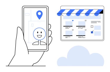 Konum simgesi olan bir haritayı gösteren akıllı bir telefon, bir tentenin altında çevrimiçi mağaza arayüzü olan bir ekranın yanında. Teknoloji, navigasyon, e-ticaret, çevrimiçi alışveriş ve dijital için ideal