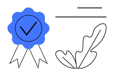 Soyut çizgilerin ve yaprağın yanında işaretli mavi kurdele. Kalite güvencesi, başarı, tanınma, onay, sertifika, asgari tasarım, eğitim temaları için ideal. Basit.