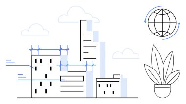 Bina iskelesi, küresel bağlantıyı temsil eden küre ve çevre dostu uygulamaları sembolize eden saksı bitkisi ile inşa halinde olan modern şehir silüeti. Kentsel planlama için ideal