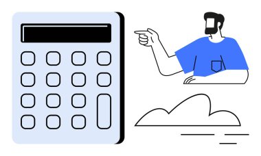 Mavi gömlekli adam büyük hesap makinesini işaret ediyor. Ek unsur çizgileri olan bir bulut. Eğitim, bütçe planlaması, finans, teknoloji, bulut hesaplama, iletişim, takım çalışması için ideal