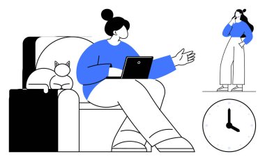 Kadın bir kediyle kanepede oturur, tablet kullanır, ayakta duran bir kadına el kol hareketi yapar. Yakınlarda, analog saat zamanı gösteriyor. Uzaktan çalışma, iletişim, ev ofisi, zaman yönetimi dijital için ideal