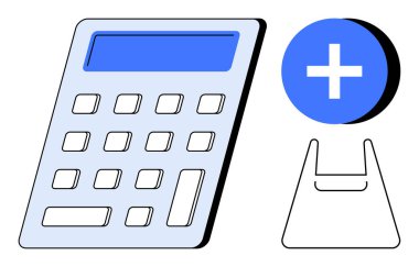 Mavi ekran ve yedi düğmeli hesap makinesi, beyaz artı işaretli mavi daire, alışveriş çantasının taslağı. Finans, matematik, alışveriş, bütçe, muhasebe, hesaplama perakende için ideal