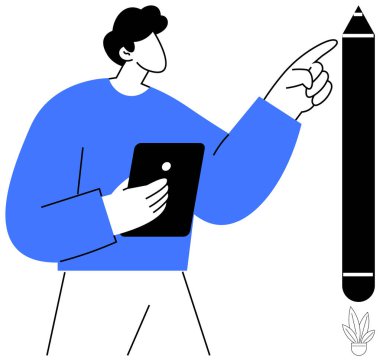 Mavi kazaklı biri büyük kalemi işaret ediyor, elinde tablet tutuyor, yaratıcılığı ve ilhamı temsil ediyor. Sanatsal yenilik, tasarım düşünme, yaratıcı süreç, eğitim ve dijital için ideal
