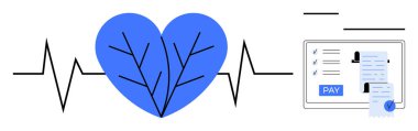 Damarları olan mavi bir kalbe giden kalp atışı, faturası ve ödeme düğmesi olan dijital bir ödeme ekranına bağlı. Sağlık hizmetleri finansmanı, tıbbi fatura, dijital ödemeler, sağlık