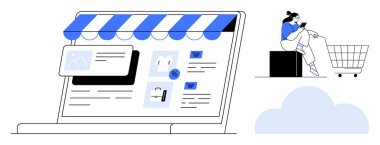 Laptop ekran vitrininde tente, vitrin ürünleri ve özel teklifler. Alışveriş arabasının yanında oturan bir kadın, akıllı telefon kullanıyor. Ecommerce, online alışveriş, dijital perakende, mobil için ideal