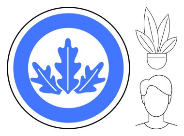 Blue circular icon featuring three oak leaves, alongside black-and-white line drawings of a potted plant and a human head silhouette. Ideal for nature-themed, design thinking, creativity, branding clipart