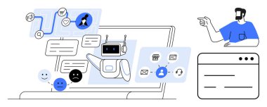 Yapay zeka sohbet robotu çeşitli kullanıcı ögeleriyle etkileşime girer. Mesajlar, emoticonlar ve iş akışı şemaları dahil. Adam etkileşimi işaret ediyor. Teknoloji, müşteri hizmetleri, otomasyon, verimlilik için ideal