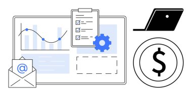 Veri grafiği, panodaki kontrol listesi, teçhizat, dizüstü bilgisayar, e-posta zarfı, dolar işareti vurgulama verimliliği, iletişim, finansal büyüme veri analizi iş başarısı. İş için ideal