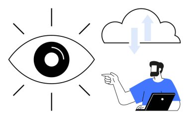 Diz üstü bilgisayarı olan biri ekranı gösterip veri transferini tartışırken göz gözlemleme. Teknoloji, veri güvenliği, gözlem, bulut hizmetleri, insan-bilgisayar için ideal