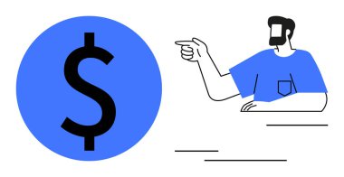 Mavi çemberdeki önemli bir dolar işaretini işaret eden bir adam. Finans, tasarruf, yatırım, rehberlik, ekonomi, iş ve kazançlar için ideal. Modern profesyonel soyut çizgi düz metafor
