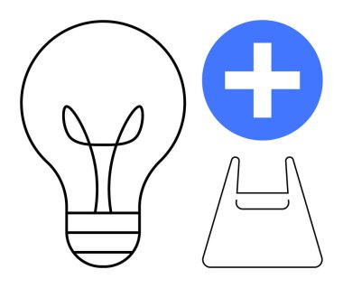 Ampul çizgisi yeniliği simgeler. Mavi artı işaretler sağlık hizmetini temsil ediyor. Stil haline getirilmiş alışveriş çantası ticareti resmediyor. Beyin fırtınası için ideal, tıbbi konular, alışveriş, teknoloji