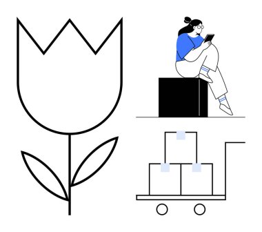 Tablet, büyük çiçek illüstrasyonu ve içinde lojistik, büyüme, teknoloji ve verimliliği gösteren kutular bulunan bir kutuya oturmuş bir kadın. İş büyümesi ve dijital pazarlama için ideal