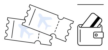 Cüzdanın yanında kredi kartı olan iki uçak bileti. Seyahat acenteleri, rezervasyon hizmetleri, tatil planlama, çevrimiçi ödemeler, bilet, finansal yönetim, e-ticaret için ideal. Satır metaforu